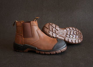 Ripsaw Safety Boot: Brown work boot with laces, full-grain leather upper, and a durable sole.