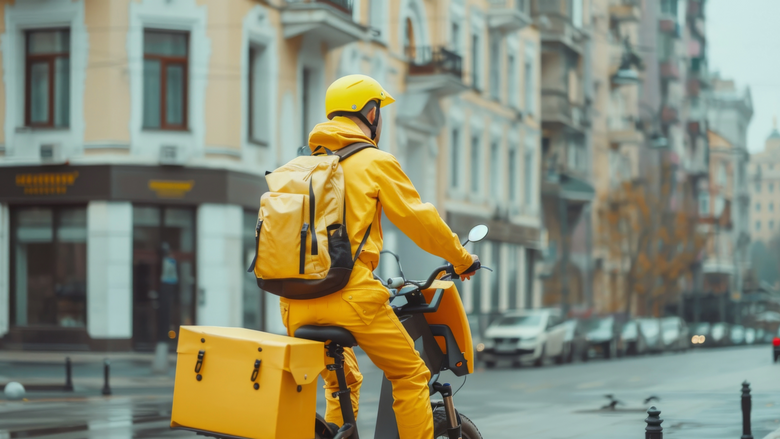 Delivery man wearig yellow rain suit - rain suit -rain protection