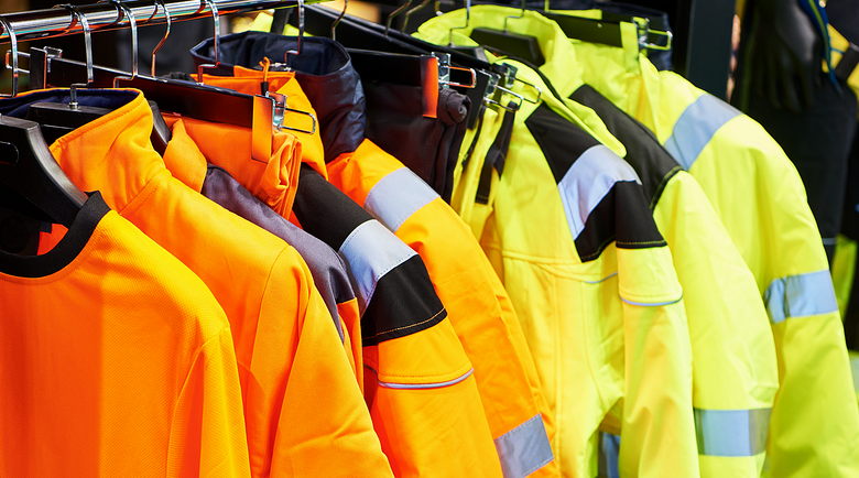 Different coloured High-visibility jackets on a rack - high visibility jacket - reflective jacket