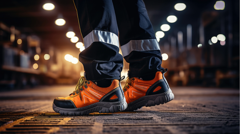 Man wearing orange safety shoes - safety shoes for men - safety shoes