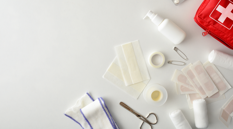 Medical kit supplies on white background - first aid kit supplies - first aid box refills