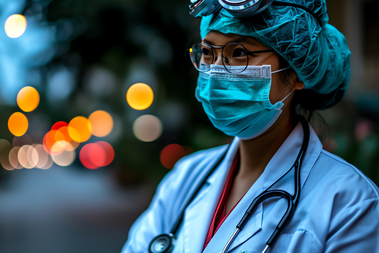 Women wearing a face mask, healthcare quote, mop cap & glasses.