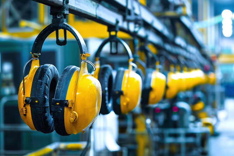 Yellow Ear Muffs hanging lined up in a row