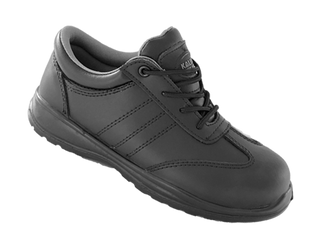 Celeste Ladies Safety Shoe: Black safety shoe for women with laces, steel toe cap, offering comfort and style.