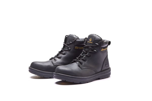 Dromex Bolt Boot: Black safety boot with PU/rubber sole and fiberglass toe cap.