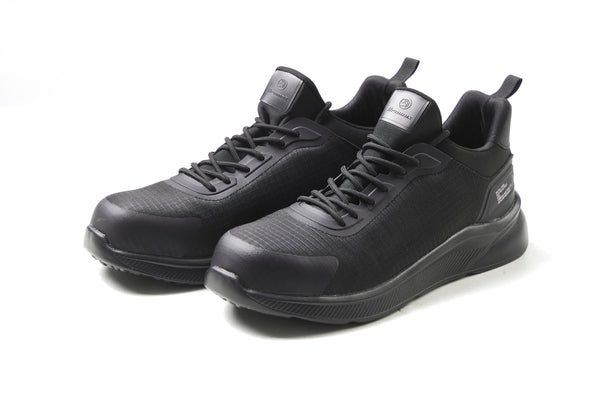 Dromex Black Swift Sneaker: Black safety sneaker with single-density PU sole and fiberglass toe cap.