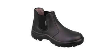 Kaliber Chelsea Boot: Black Chelsea boot with elastic sides, steel toe cap, and easy pull-on design.