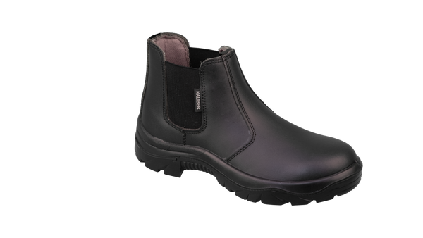 Kaliber Chelsea Boot: Black Chelsea boot with elastic sides, steel toe cap, and easy pull-on design.