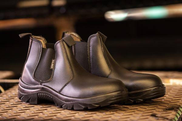 Kaliber Chelsea Boot: Chelsea boot with elastic sides, steel toe cap, and easy pull-on design.