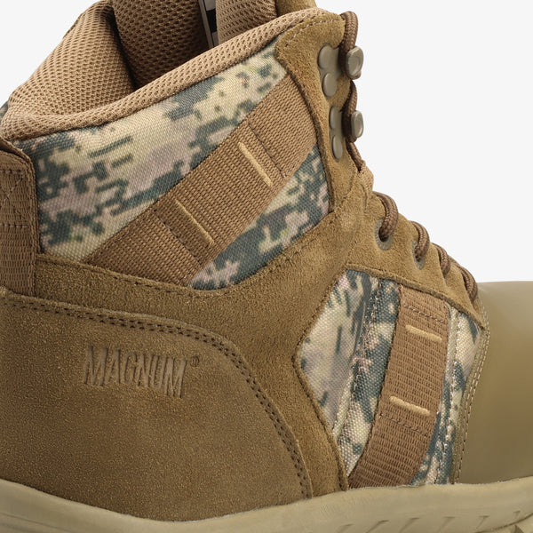 Magnum Ranger: Brown work boot with laces, higher ankle design, and a mesh lining.