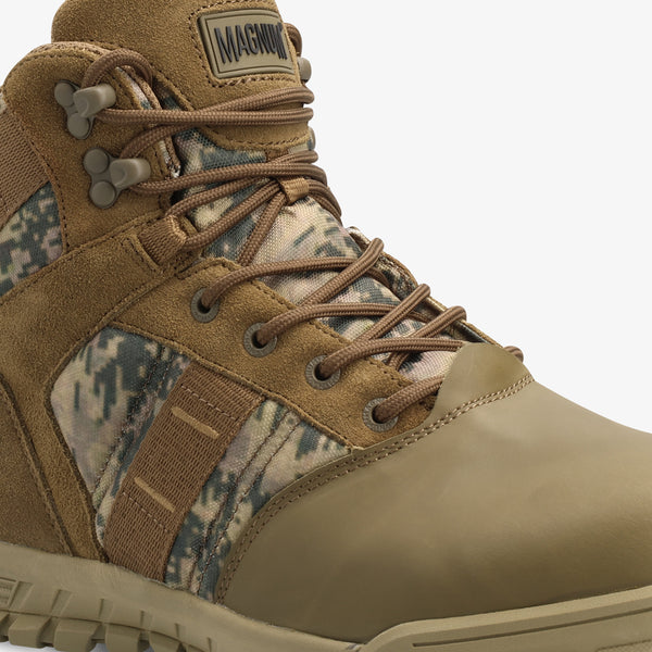 Magnum Ranger: Brown work boot with laces, higher ankle design, and a mesh lining.