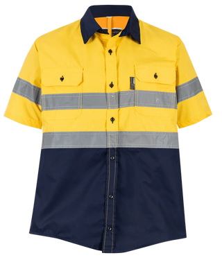 Navy/Yellow Hi-Vis Shirt 100% Cotton Short Sleeve