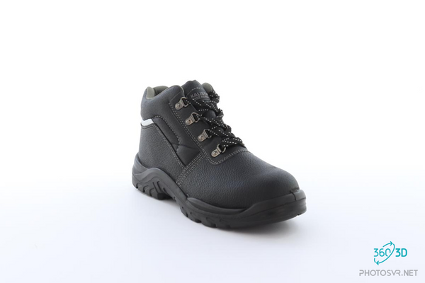 Raptor Safety Boot: Black work boot with laces, steel toe cap, and available in multiple sizes.