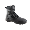 Reaction Safety Boot: Black work boot with laces, breathable mesh upper, and a steel toe cap.