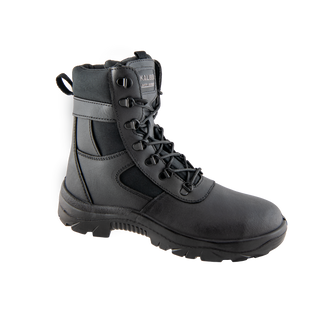 Reaction Safety Boot: Black work boot with laces, breathable mesh upper, and a steel toe cap.