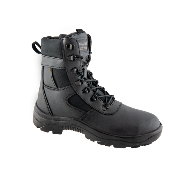 Reaction Safety Boot: Black work boot with laces, breathable mesh upper, and a steel toe cap.