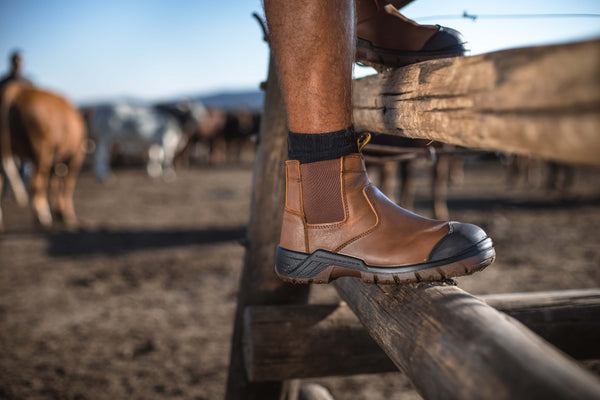 Ripsaw Safety Boot: Brown work boot with laces, full-grain leather upper, and a durable sole.