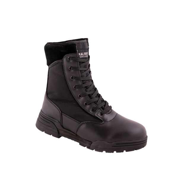 Tactical Safety Boot: Black work boot with laces, rubber outsole, and a padded collar for comfort.