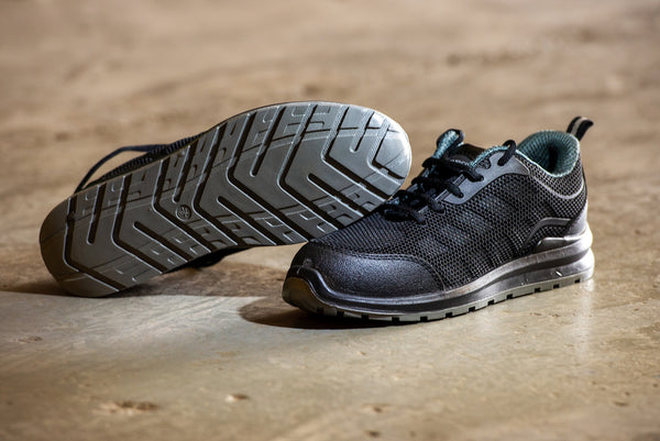 Velocity Shoe: Grey breathable safety shoe with laces and a steel toe cap.