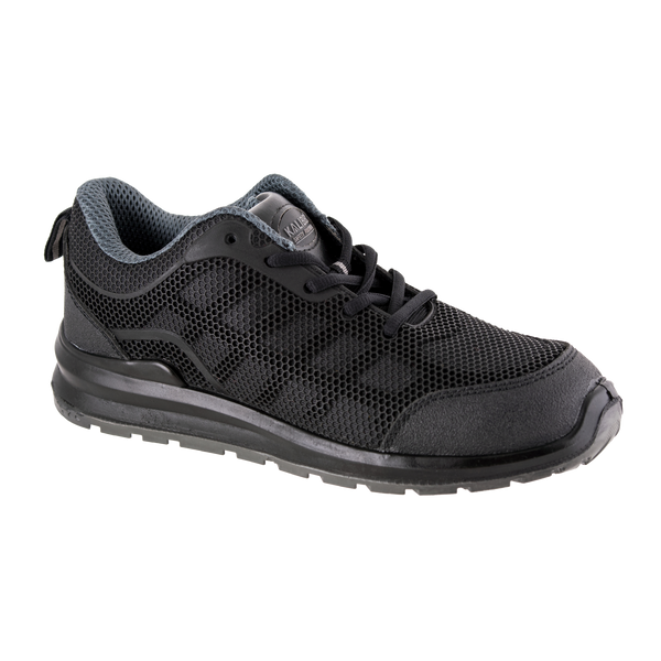 Velocity Shoe: Grey breathable safety shoe with laces and a steel toe cap.