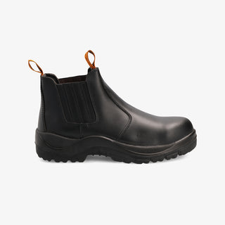 Interceptor Welding Imara Boot: Black work boot with leather-covered elastic sides, heat-resistant stitching, and a composite toe cap.