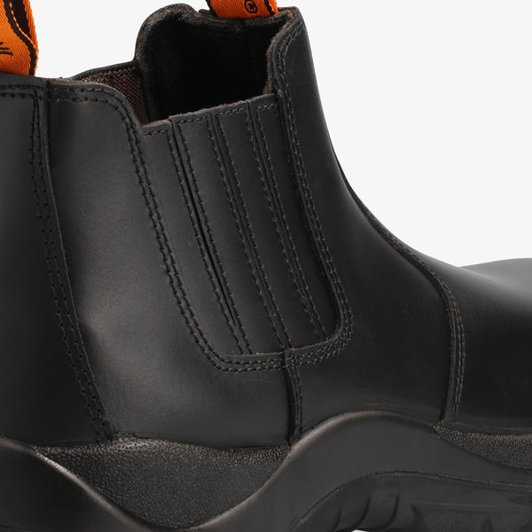 Interceptor Welding Imara Boot: Black work boot with leather-covered elastic sides, heat-resistant stitching, and a composite toe cap.