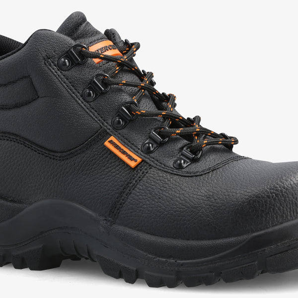 Interceptor Askari Mid: Black work boot with laces, steel toe cap, and dual-density sole.