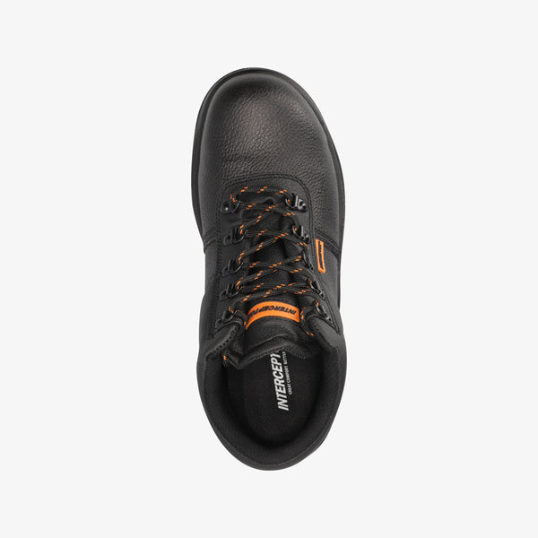 Interceptor Askari Mid: Black work boot with laces, steel toe cap, and dual-density sole.