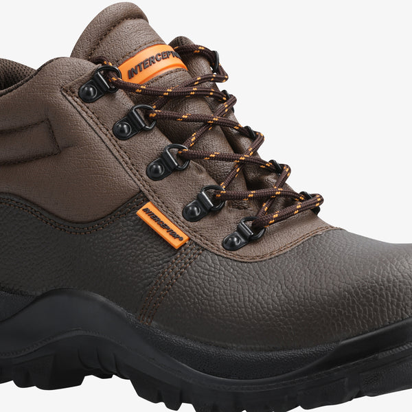 Interceptor Askari Mid: Brown work boot with laces, steel toe cap, and dual-density sole.