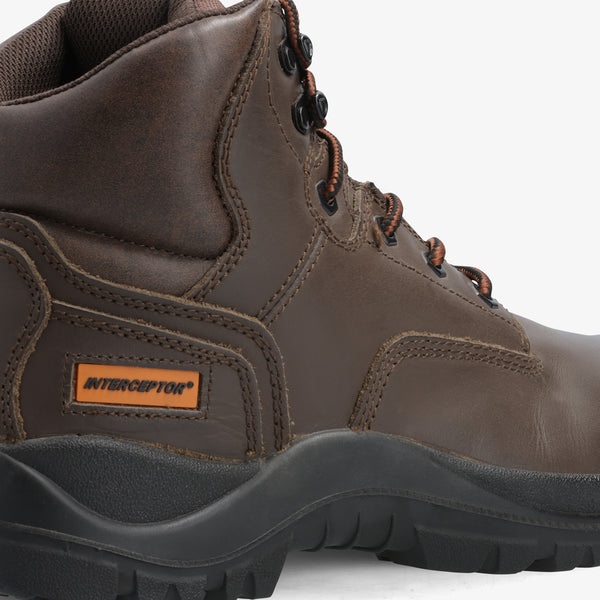 Interceptor Safiri: Brown work boot with laces, steel toe cap, and dual-density sole.