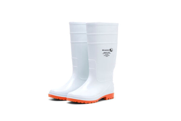 Dromex Knee Length Mighty Nite Gumboot: Black knee-length gumboots with slip-resistant outsole and reinforced protection.