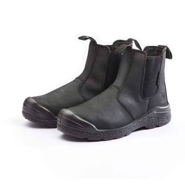 Dromex Chelsea Boot: Black leather Chelsea boot with steel midsole and cleated outsole.