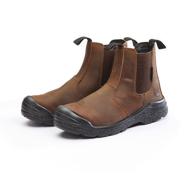 Dromex Chelsea Boot: Brown leather Chelsea boot with steel midsole and cleated outsole.