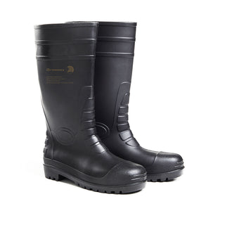 Dromex Spartacus Gumboot STCM: Black chemical-resistant gumboot with stainless-steel midsole and steel toe cap.