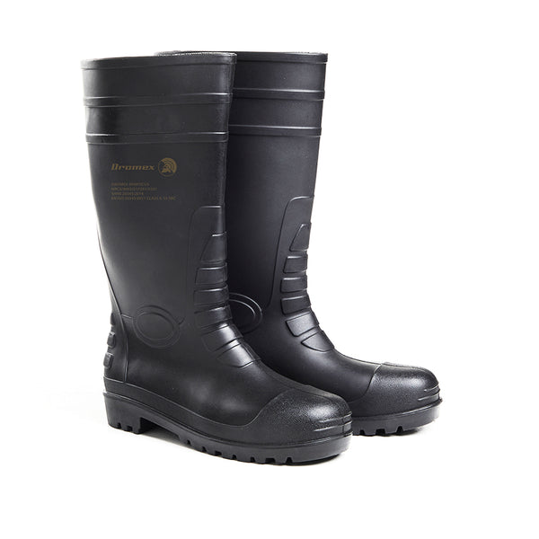 Dromex Spartacus Gumboot STCM: Black chemical-resistant gumboot with stainless-steel midsole and steel toe cap.