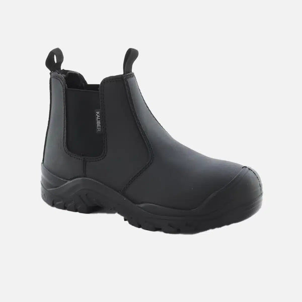 Utility Boot: Black work boot with laces, steel toe cap, and a thick, durable sole.